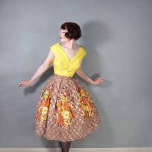 Load image into Gallery viewer, 50s BROWN WITH YELLOW AND ORANGE FLOWER PRINT FULL COTTON SKIRT - 30"