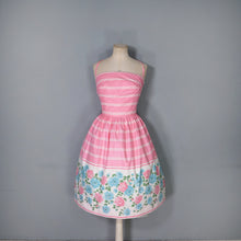 Load image into Gallery viewer, 50s 60s ROSY BOUTIQUE PINK STRIPE HALTER SUN DRESS WITH FLORAL BORDER PRINT - S