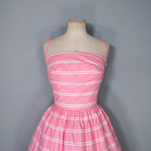 Load image into Gallery viewer, 50s 60s ROSY BOUTIQUE PINK STRIPE HALTER SUN DRESS WITH FLORAL BORDER PRINT - S