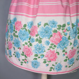 50s 60s ROSY BOUTIQUE PINK STRIPE HALTER SUN DRESS WITH FLORAL BORDER PRINT - S