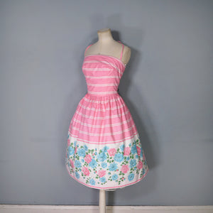 50s 60s ROSY BOUTIQUE PINK STRIPE HALTER SUN DRESS WITH FLORAL BORDER PRINT - S