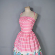Load image into Gallery viewer, 50s 60s ROSY BOUTIQUE PINK STRIPE HALTER SUN DRESS WITH FLORAL BORDER PRINT - S