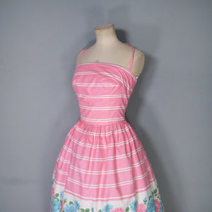 50s 60s ROSY BOUTIQUE PINK STRIPE HALTER SUN DRESS WITH FLORAL BORDER PRINT - S