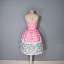 Load image into Gallery viewer, 50s 60s ROSY BOUTIQUE PINK STRIPE HALTER SUN DRESS WITH FLORAL BORDER PRINT - S