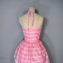 Load image into Gallery viewer, 50s 60s ROSY BOUTIQUE PINK STRIPE HALTER SUN DRESS WITH FLORAL BORDER PRINT - S