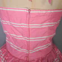 Load image into Gallery viewer, 50s 60s ROSY BOUTIQUE PINK STRIPE HALTER SUN DRESS WITH FLORAL BORDER PRINT - S