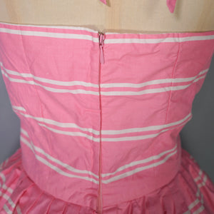 50s 60s ROSY BOUTIQUE PINK STRIPE HALTER SUN DRESS WITH FLORAL BORDER PRINT - S