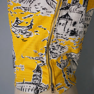50s BOLD YELLOW NOVELTY VENICE SCENES TWO PIECE SKIRT AND BLOUSE SET - S