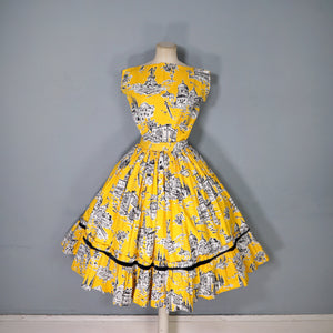 50s BOLD YELLOW NOVELTY VENICE SCENES TWO PIECE SKIRT AND BLOUSE SET - S