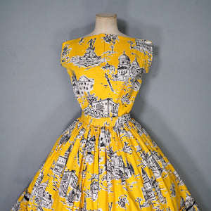50s BOLD YELLOW NOVELTY VENICE SCENES TWO PIECE SKIRT AND BLOUSE SET - S