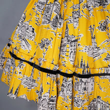 Load image into Gallery viewer, 50s BOLD YELLOW NOVELTY VENICE SCENES TWO PIECE SKIRT AND BLOUSE SET - S