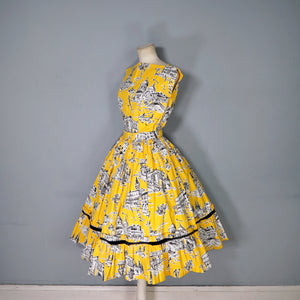50s BOLD YELLOW NOVELTY VENICE SCENES TWO PIECE SKIRT AND BLOUSE SET - S