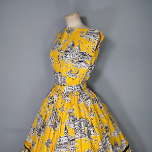 50s BOLD YELLOW NOVELTY VENICE SCENES TWO PIECE SKIRT AND BLOUSE SET - S