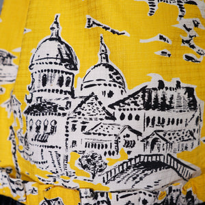 50s BOLD YELLOW NOVELTY VENICE SCENES TWO PIECE SKIRT AND BLOUSE SET - S