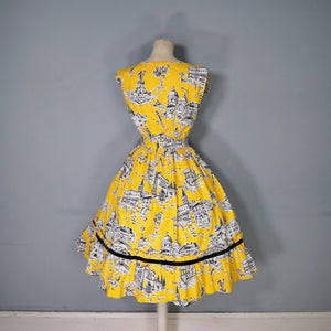 50s BOLD YELLOW NOVELTY VENICE SCENES TWO PIECE SKIRT AND BLOUSE SET - S