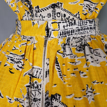 Load image into Gallery viewer, 50s BOLD YELLOW NOVELTY VENICE SCENES TWO PIECE SKIRT AND BLOUSE SET - S