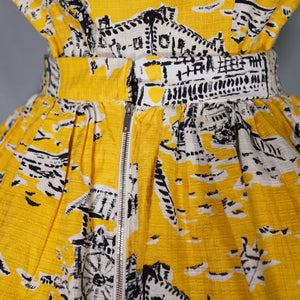 50s BOLD YELLOW NOVELTY VENICE SCENES TWO PIECE SKIRT AND BLOUSE SET - S