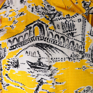 50s BOLD YELLOW NOVELTY VENICE SCENES TWO PIECE SKIRT AND BLOUSE SET - S