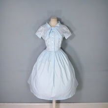 Load image into Gallery viewer, 50s 60s PASTEL BLUE BRODERIE ANGLAISE COTTON DAY DRESS - S-M