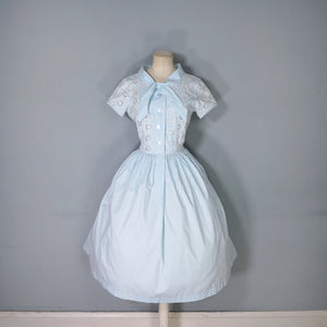 50s 60s PASTEL BLUE BRODERIE ANGLAISE COTTON DAY DRESS - S-M