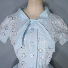 Load image into Gallery viewer, 50s 60s PASTEL BLUE BRODERIE ANGLAISE COTTON DAY DRESS - S-M