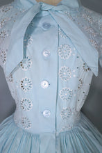 Load image into Gallery viewer, 50s 60s PASTEL BLUE BRODERIE ANGLAISE COTTON DAY DRESS - S-M