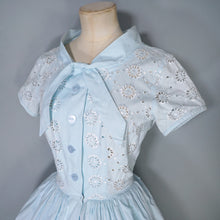 Load image into Gallery viewer, 50s 60s PASTEL BLUE BRODERIE ANGLAISE COTTON DAY DRESS - S-M