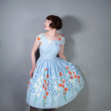 Load image into Gallery viewer, 50s LIGHT BLUE FLORAL BORDER PRINT COTTON DRESS WITH FULL SKIRT - XS-S