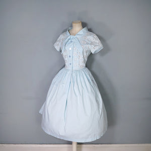 50s 60s PASTEL BLUE BRODERIE ANGLAISE COTTON DAY DRESS - S-M