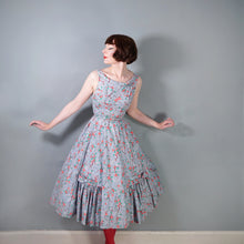 Load image into Gallery viewer, 50s VICTOR JOSSELYN GREY WITH RED FLORAL PRINT DRESS WITH HUGE FULL SKIRT - XS