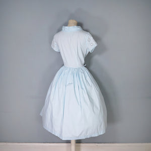 50s 60s PASTEL BLUE BRODERIE ANGLAISE COTTON DAY DRESS - S-M