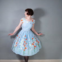 Load image into Gallery viewer, 50s LIGHT BLUE FLORAL BORDER PRINT COTTON DRESS WITH FULL SKIRT - XS-S