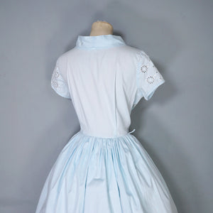 50s 60s PASTEL BLUE BRODERIE ANGLAISE COTTON DAY DRESS - S-M