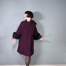 Load image into Gallery viewer, 60s DARK AUBERGINE PURPLE SWING COAT WITH BIG FUR CUFFS - one size