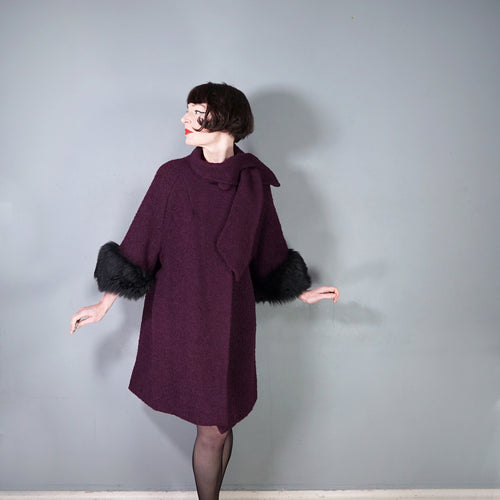 60s DARK AUBERGINE PURPLE SWING COAT WITH BIG FUR CUFFS - one size