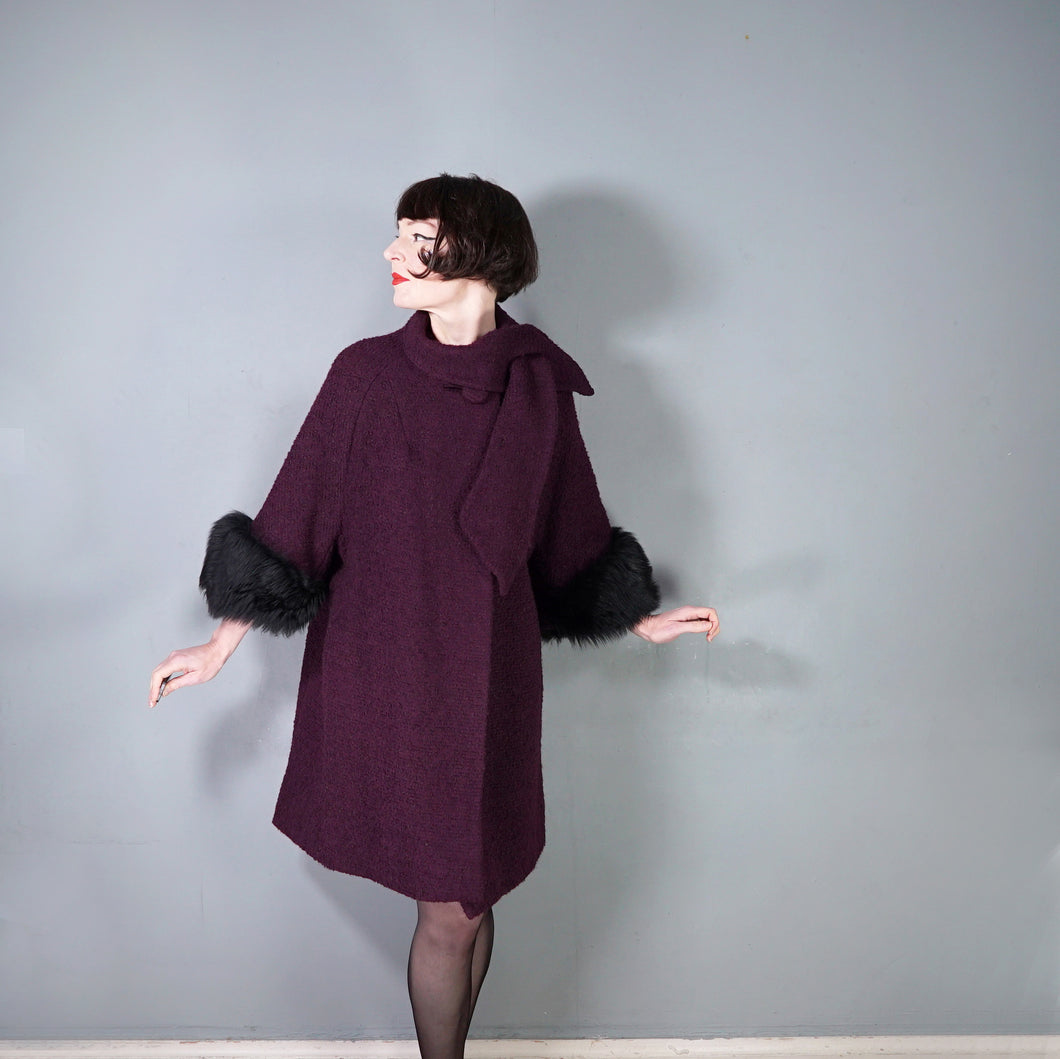 60s DARK AUBERGINE PURPLE SWING COAT WITH BIG FUR CUFFS - one size