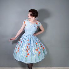 Load image into Gallery viewer, 50s LIGHT BLUE FLORAL BORDER PRINT COTTON DRESS WITH FULL SKIRT - XS-S