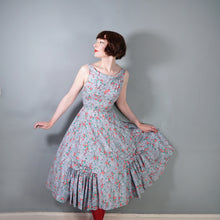 Load image into Gallery viewer, 50s VICTOR JOSSELYN GREY WITH RED FLORAL PRINT DRESS WITH HUGE FULL SKIRT - XS