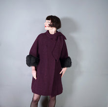 Load image into Gallery viewer, 60s DARK AUBERGINE PURPLE SWING COAT WITH BIG FUR CUFFS - one size