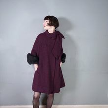 Load image into Gallery viewer, 60s DARK AUBERGINE PURPLE SWING COAT WITH BIG FUR CUFFS - one size