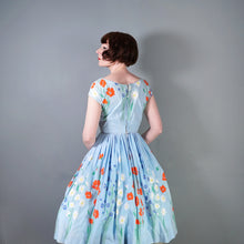 Load image into Gallery viewer, 50s LIGHT BLUE FLORAL BORDER PRINT COTTON DRESS WITH FULL SKIRT - XS-S