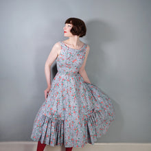 Load image into Gallery viewer, 50s VICTOR JOSSELYN GREY WITH RED FLORAL PRINT DRESS WITH HUGE FULL SKIRT - XS