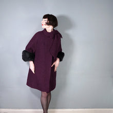 Load image into Gallery viewer, 60s DARK AUBERGINE PURPLE SWING COAT WITH BIG FUR CUFFS - one size