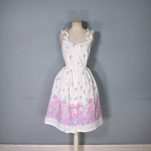Load image into Gallery viewer, 70s WHITE AND PASTEL PINK MUSHROOM BORDER PRINT STRAPPY DAY DRESS - S