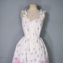 Load image into Gallery viewer, 70s WHITE AND PASTEL PINK MUSHROOM BORDER PRINT STRAPPY DAY DRESS - S