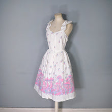 Load image into Gallery viewer, 70s WHITE AND PASTEL PINK MUSHROOM BORDER PRINT STRAPPY DAY DRESS - S