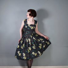 Load image into Gallery viewer, 50s "FEMINELLA" BLACK YELLOW FLORAL EASTER LILY PRINT FULL SKIRTED DRESS - S