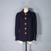 Load image into Gallery viewer, 70s BUS STOP NAVY BLUE PUFF SLEEVE SWING JACKET WITH ART DECO BUTTONS - S-M