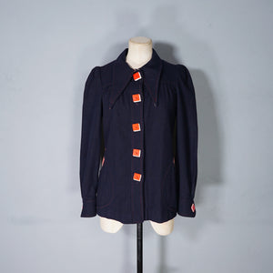 70s BUS STOP NAVY BLUE PUFF SLEEVE SWING JACKET WITH ART DECO BUTTONS - S-M