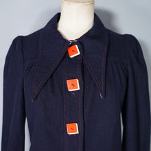 Load image into Gallery viewer, 70s BUS STOP NAVY BLUE PUFF SLEEVE SWING JACKET WITH ART DECO BUTTONS - S-M